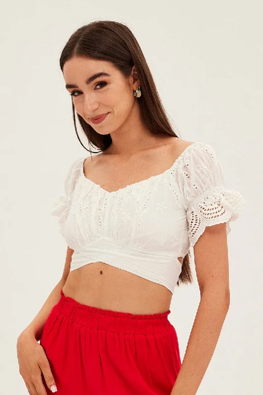 White Crop Top Short Sleeve Tie Back Eyelet