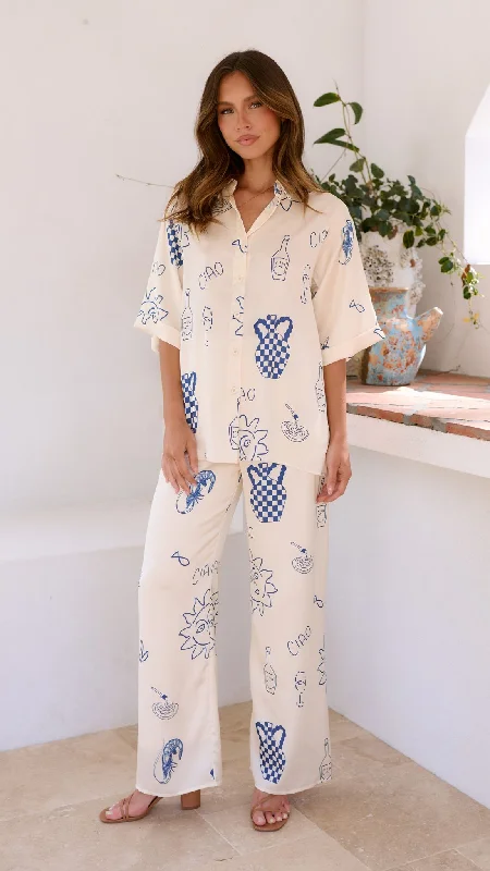 Bailie Shirt and Pants Set - Beige/Blue