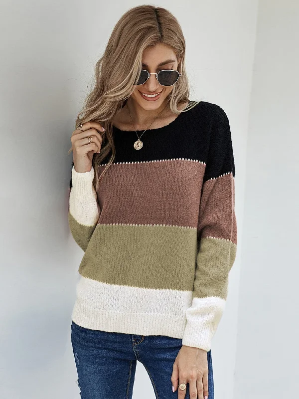 MegaBetty - Women's Casual Loose Long Sleeve Colorblock Crewneck Knitted Tops Chunky Sweater