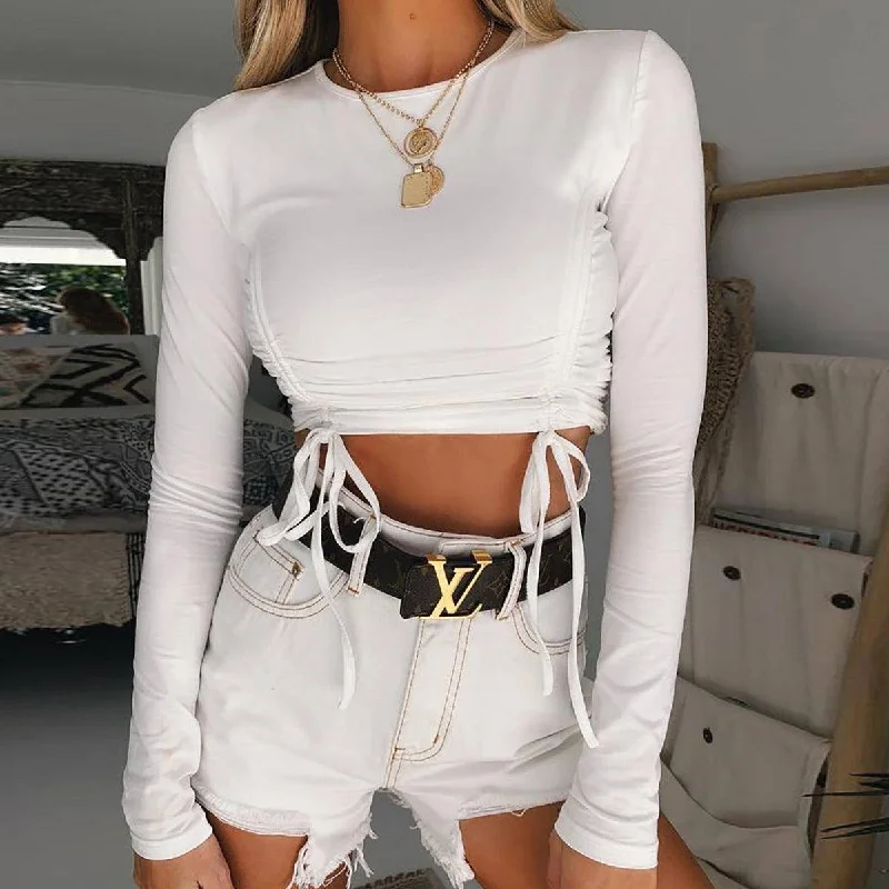 MegaBetty - Breana Solid Drawstring Crop Top