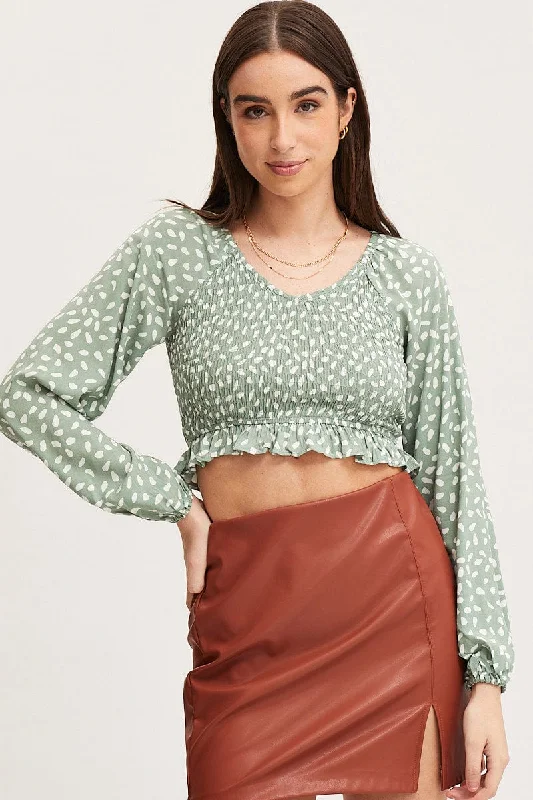 Geo Print Crop Top Long Sleeve