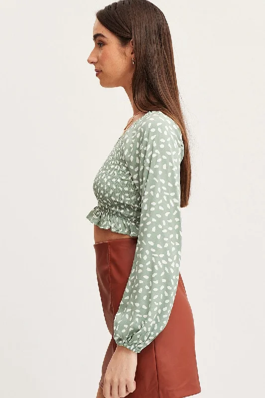 Geo Print Crop Top Long Sleeve