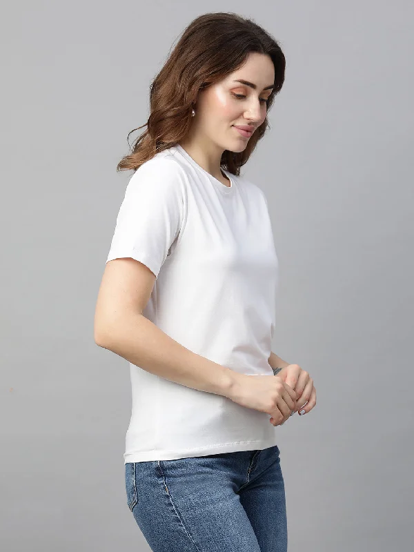 Women's White Cotton Bamboo Elastane Regular Fit Tshirt