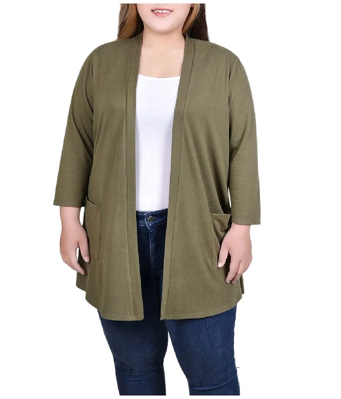 Plus Size 3/4 Sleeve Two Pocket Cardigan