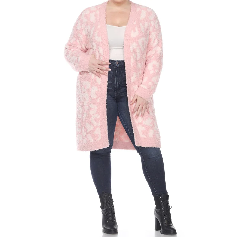 Plus Size Leopard Print Open Front Sherpa Cardigan