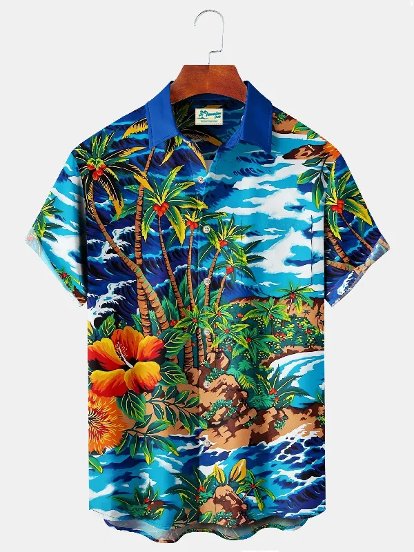 Beach Vacation Blue Men's Hawaiian Shirt Coconut Tree Stretch Plus Size Aloha Camp Pocket Shirts