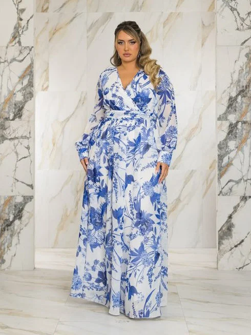 Abigail Plus Size Chiffon Maxi Dress in Blue and White