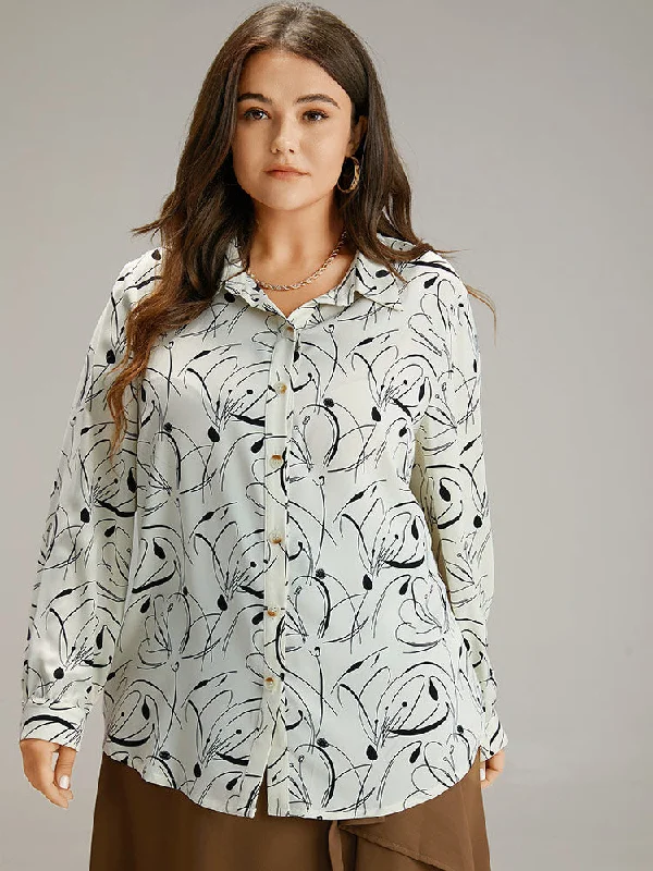 Shirt Collar Line Floral Button Through Blouse