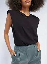 Women's Padded Shoulder Crew Neck Tee IN BLACK OR WHITE