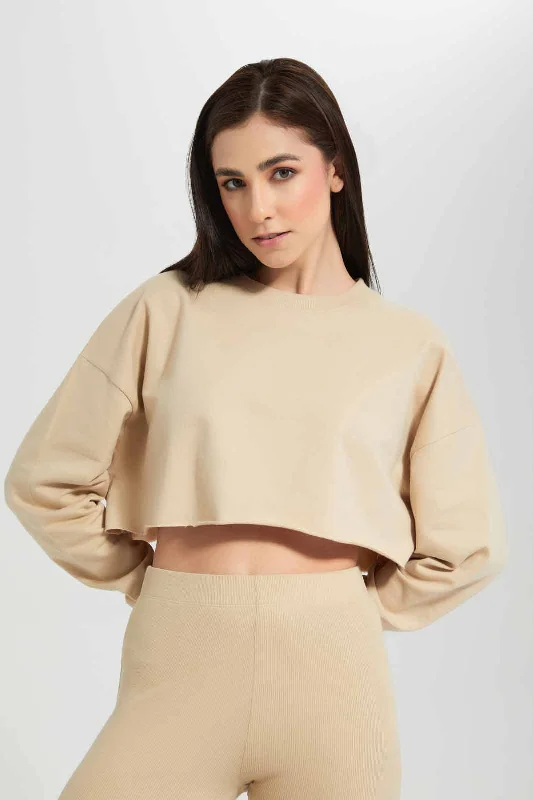 Beige Plain Cropped Sweatshirt