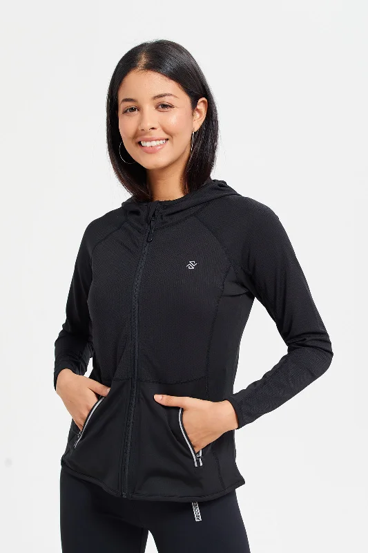 Women Black Hoodie Zip-Trough Sweatshirt