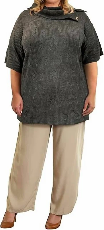 Button Cowl Neck Short Sleeve Sweater - Plus In Dark Grey