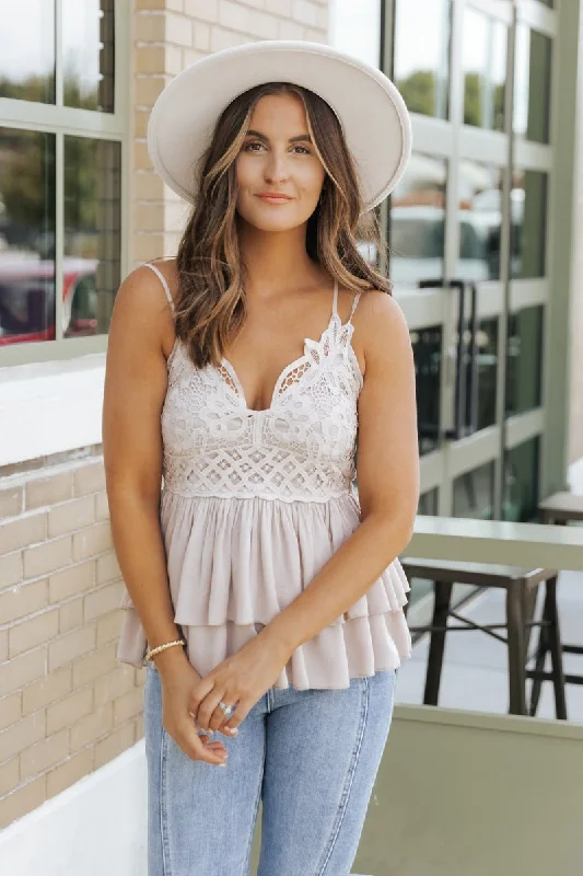 Light Taupe Lace Detail Tank Top