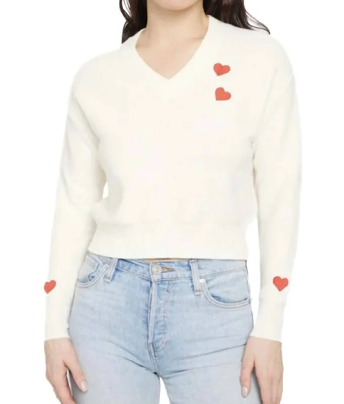 Lilla V Neck Sweater With Embroidered Hearts In Cloud