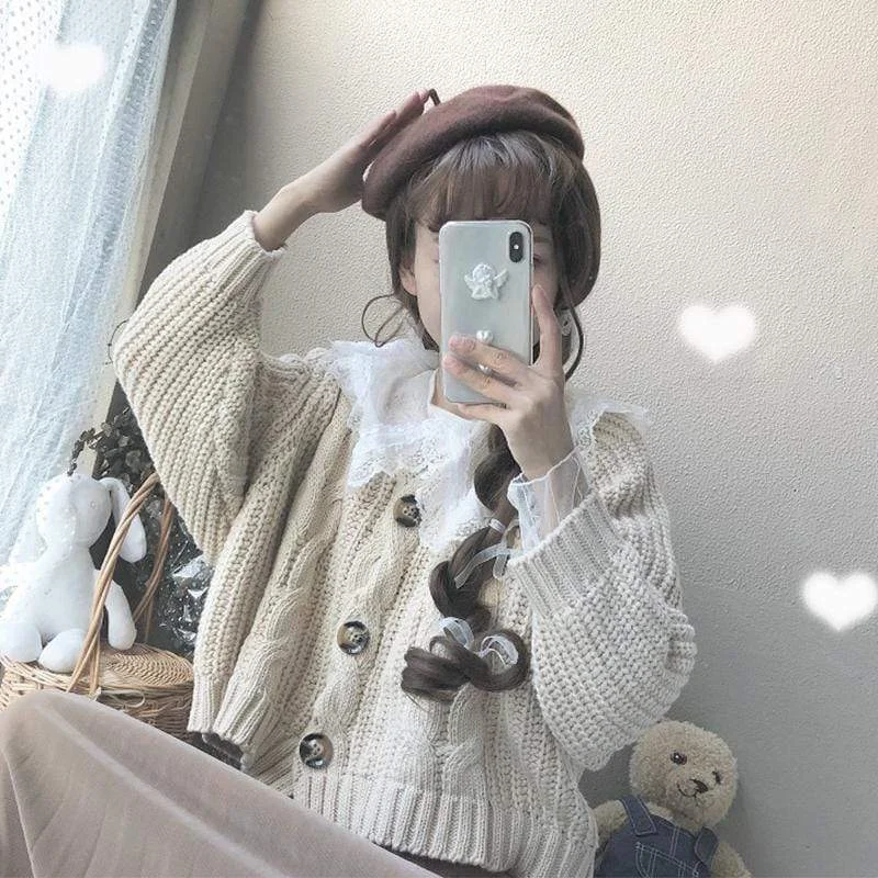 Kawaii Single-breasted Loose Twisted Short Cardigan