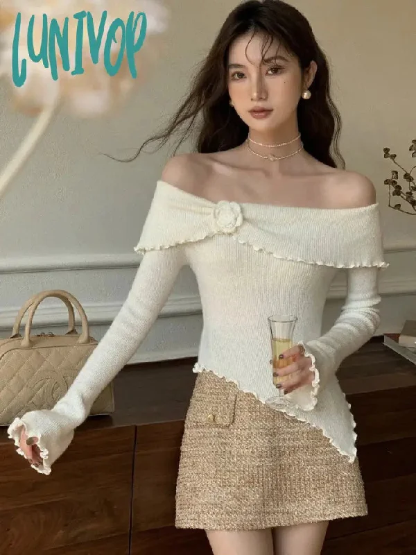 Lunivop Korean Fashion Off Shoulder Sweater Women Fairycore Aesthetic Knitted Jumper Mujer Chic Elegant Long Sleeve Top Spring