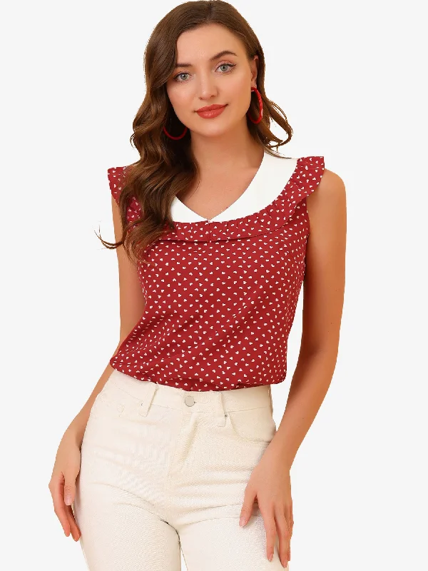 Summer Sleeveless Contrast Collar Ruffle V Neck Heart Print Blouse