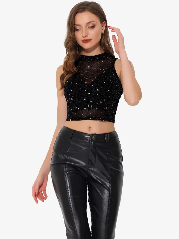 Star Mesh Metallic Mock Neck Sleeveless See Through Tank Top