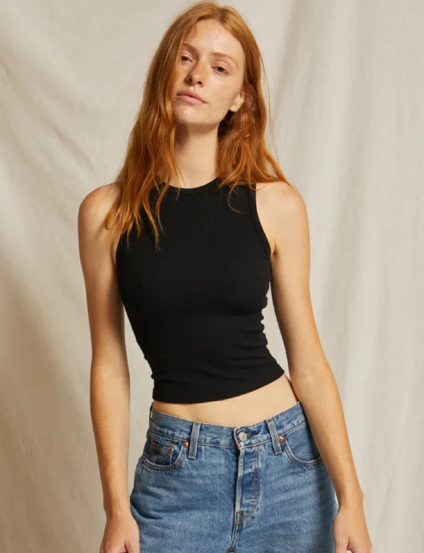 Gigi High Neck Cropped Rib Tank, True Black