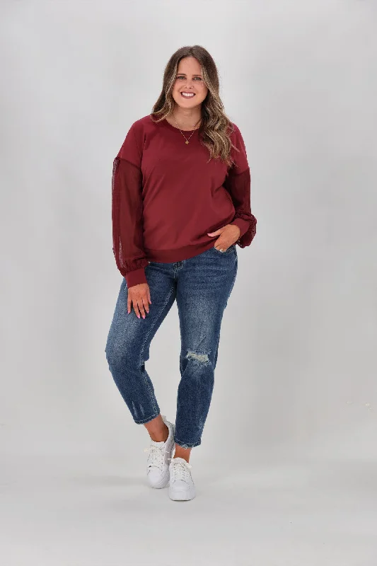 Shine On label Reese Sheer Sleeve Top Wine Check