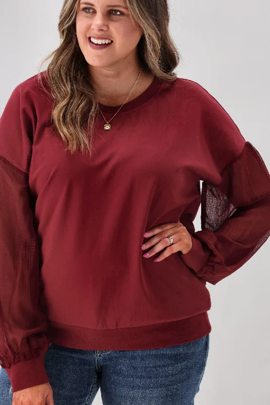 Shine On label Reese Sheer Sleeve Top Wine Check