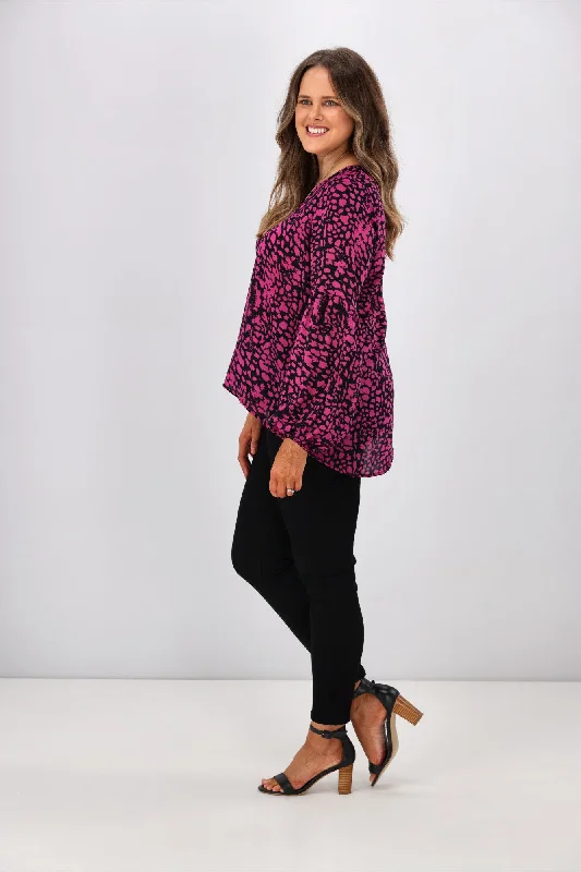 Shine On Label Renee Lantern Sleeve Top Abstract Animal Black Pink