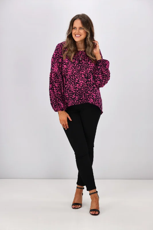 Shine On Label Renee Lantern Sleeve Top Abstract Animal Black Pink