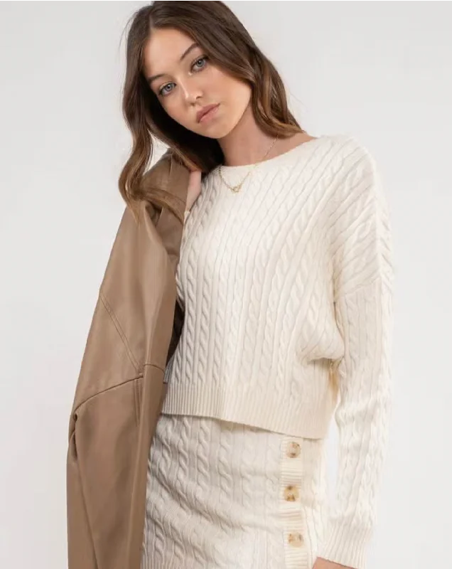 Solid Cable Knit Crew Sweater Ivory