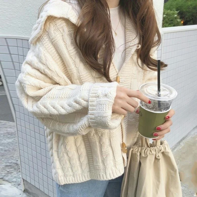 Women's Kawaii Horn Button Cable Knitted Cardigan