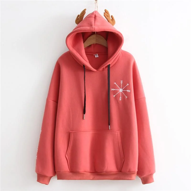 Women's Korean Fashion Snowflake Embroidered  Pure Color Hoodies