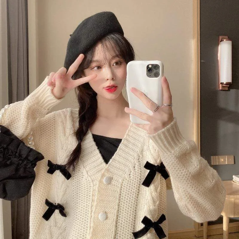 Women's Korean Style Bowknot Cable Knitted Cardigan