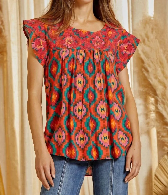 Aztec Embroidered Flutter Sleeve Top In Multi Color