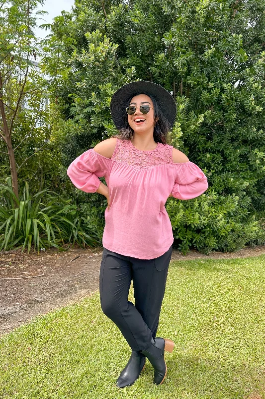 Gloss by Shine On Tayla Lace Cold Shoulder Top Pink