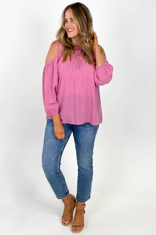 Gloss by Shine On Tayla Lace Cold Shoulder Top Pink