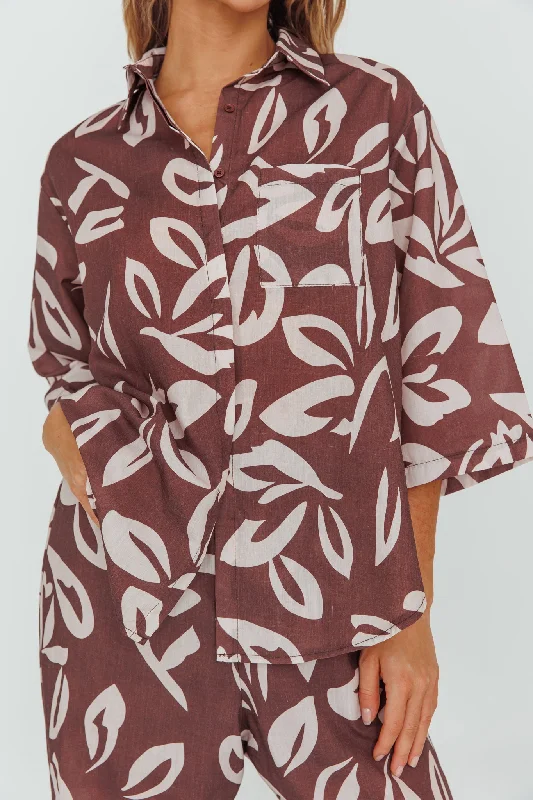 Just A Hunch Button Shirt Leaf Print Chocolate