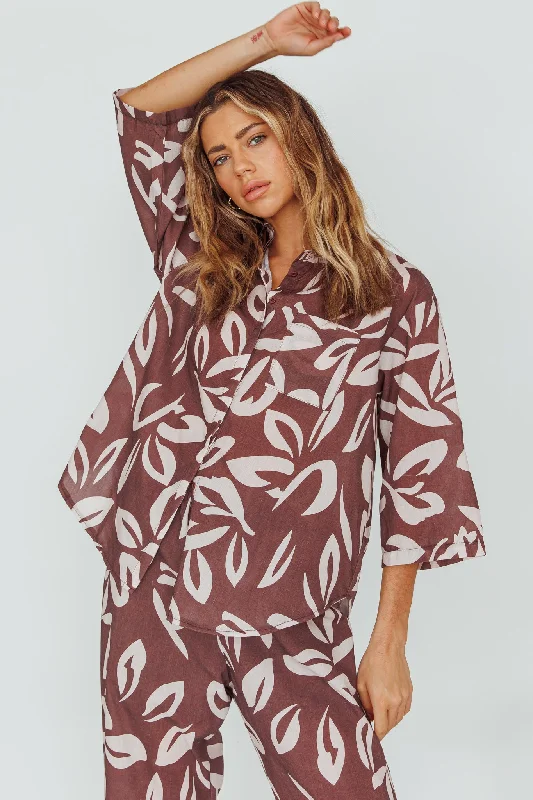 Just A Hunch Button Shirt Leaf Print Chocolate