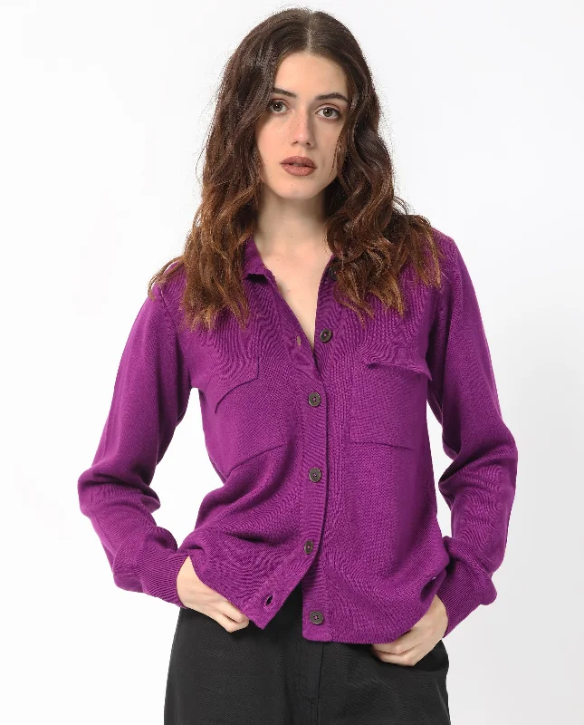 Rareism Women'S Korn Purple Viscose Fabric Full Sleeves Button Closure Shirt Collar Regular Fit Plain Sweater