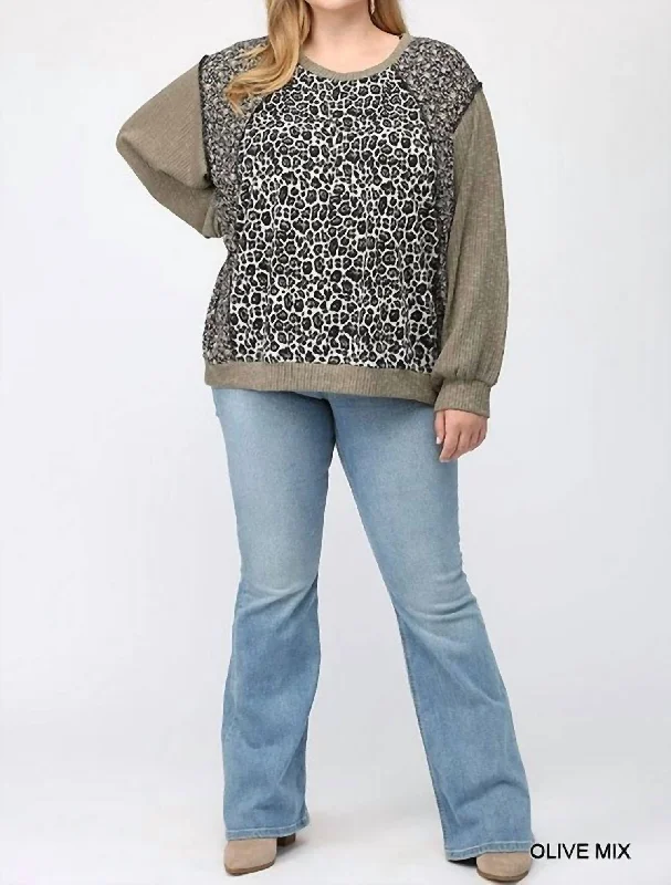 Leopard And Ditsy Mixed Print Dolman Top In Olive