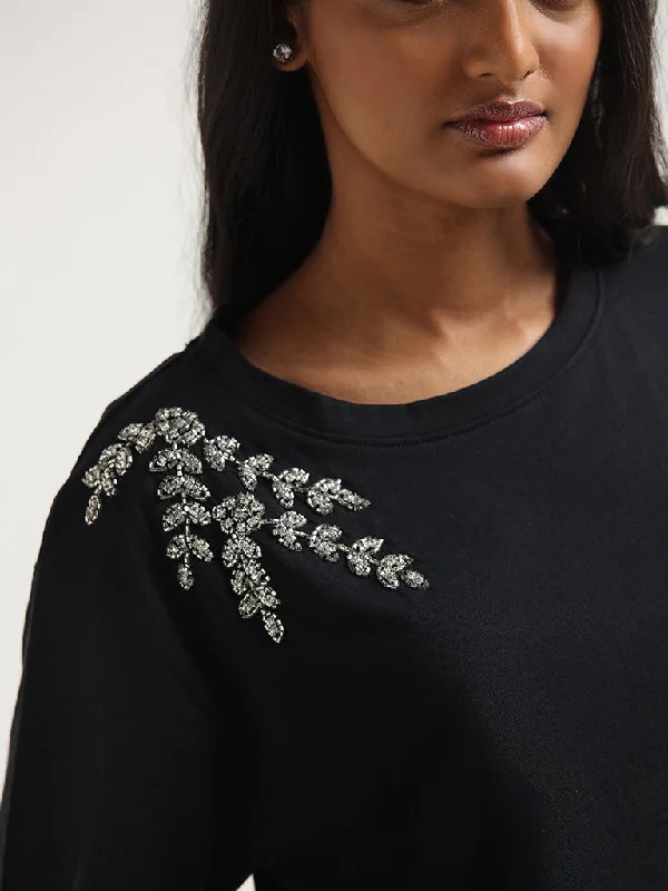 LOV Black Beaded Detailed Cotton T-Shirt