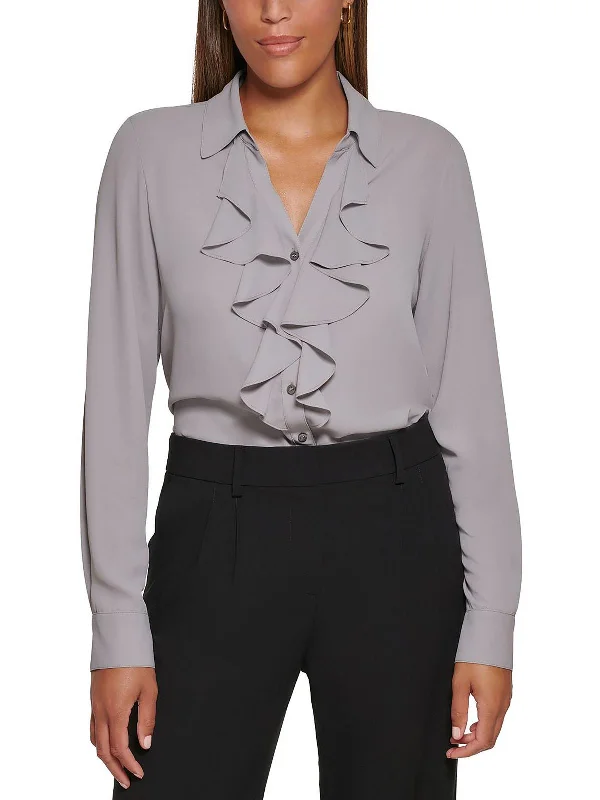 Petites Womens Ruffled Work Wear Blouse