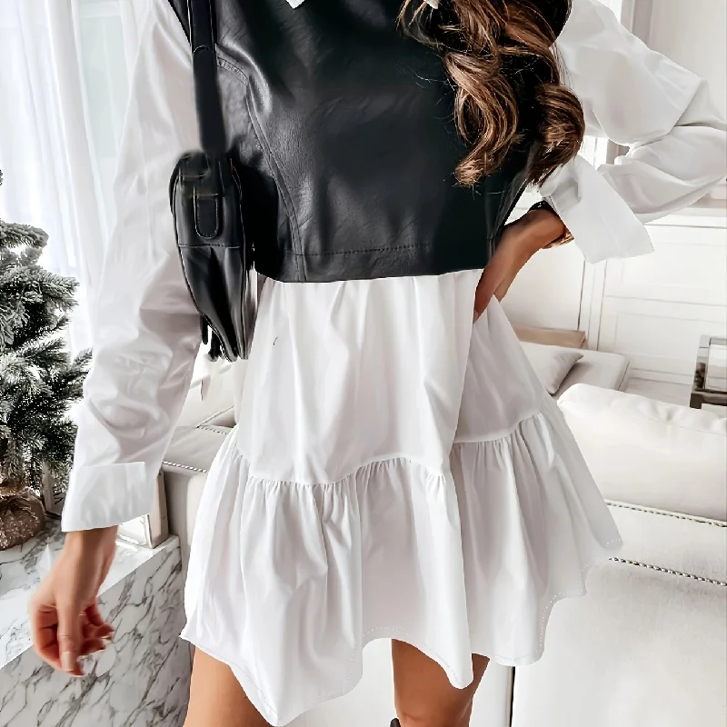 Sixsr PU Leather Patchwork Long Sleeve Shirt Dresses, Women's Clothing