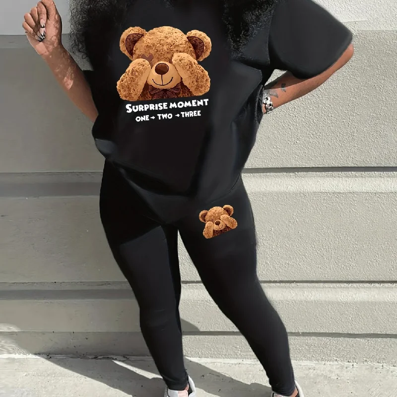 Sixsr Teddy Bear Print Two Piece Set, Short Sleeve T-Shirt & Pants, Women's Clothing