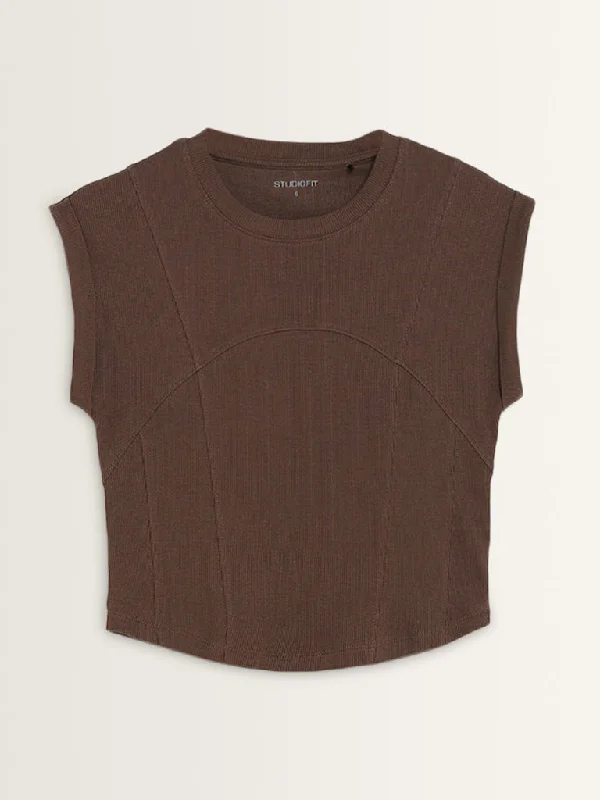 Studiofit Brown Seam-Detailed Ribbed Cotton Blend T-Shirt