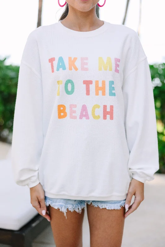 To The Beach White Graphic Corded Sweatshirt