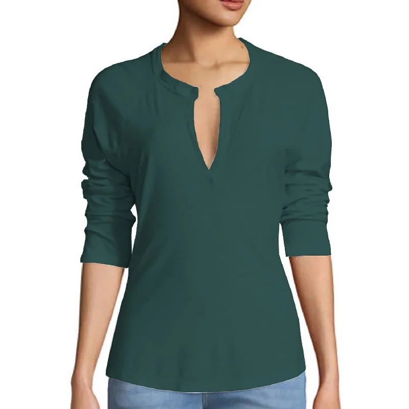 Women Split Neck Raglan Sleeve T-Shirt In Turquoise