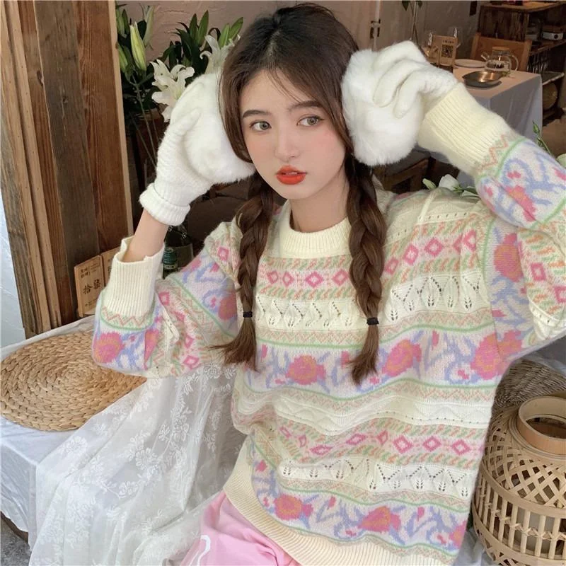 Women's Kawaii Floral Knitted Stripe Sweater