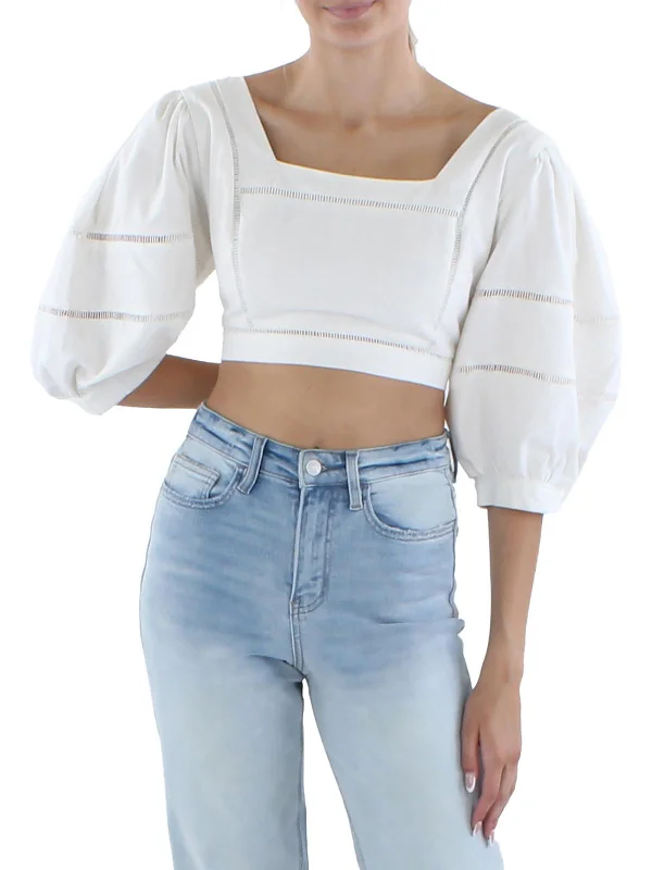 Womens Square Neck Button Front Cropped