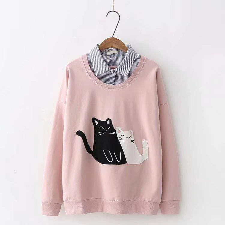 Women's Sweet Cat Couple Printed Sweaters Splicing Shirts