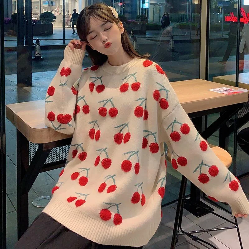 Women's Sweet Cherries Embroidered Loose Sweaters