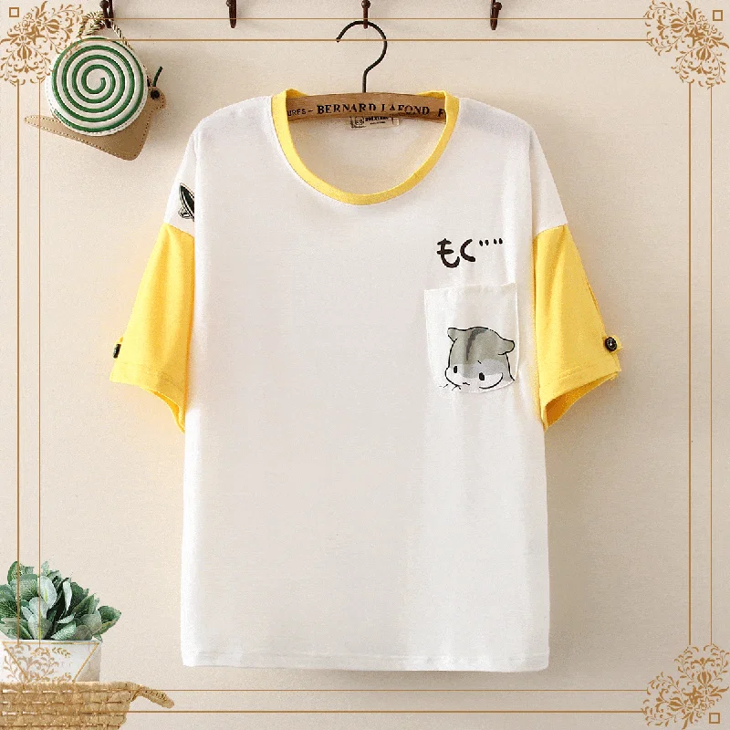 Women's Sweet Hamster Printed Pocket Contrast Color Tees